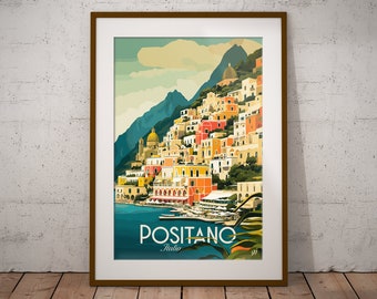 Positano Italie Impression | Poster de voyage sur la côte italienne | Impression d'art italienne de plage | Italie Illustration impression | Décoration murale voyage en Italie