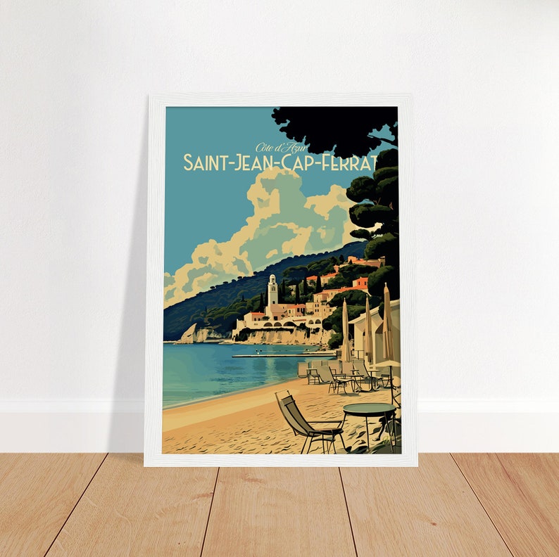 Saint-Jean-Cap-Ferrat France Imprimer Poster de voyage sur la côte française Impression d'art de plage française Impression d'illustrations France White Wood