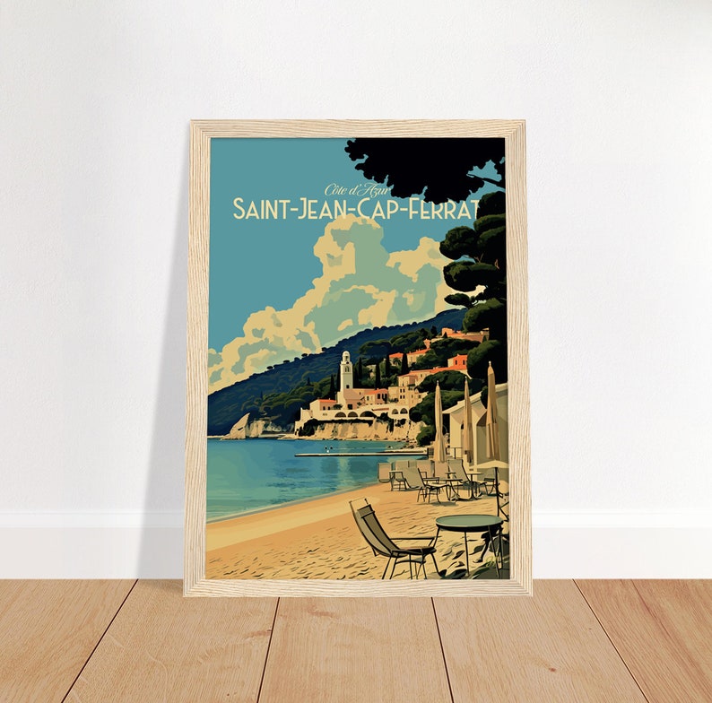 Saint-Jean-Cap-Ferrat France Imprimer Poster de voyage sur la côte française Impression d'art de plage française Impression d'illustrations France Wood