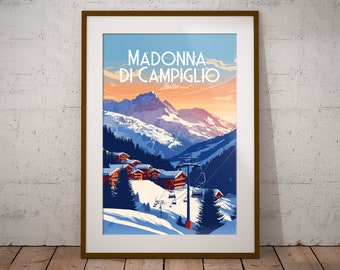 Madonna Di Campiglio Italie Impression | Poster italien de voyage en montagne | Impression d'art de village italien | Impression illustration Italie