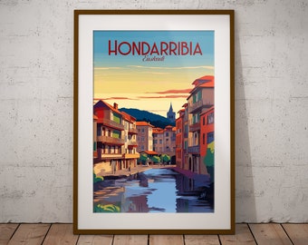 Hondarribia Espagne Imprimer | Affiche de voyage sur la côte espagnole | Impression d’art du village espagnol | Espagne Illustration Imprimer | Art mural de voyage en Espagne