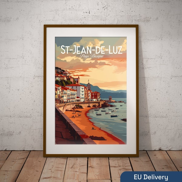 Saint-Jean-de-Luz France Imprimer | Poster de voyage sur la côte française | Impression d'art de plage française | Impression d'illustrations françaises | Décoration murale voyage en France