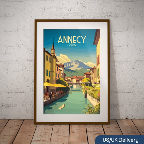 Annecy France Print | French Lake Travel Poster | French City Art Print | France Illustration Print | France Travel Wall Art