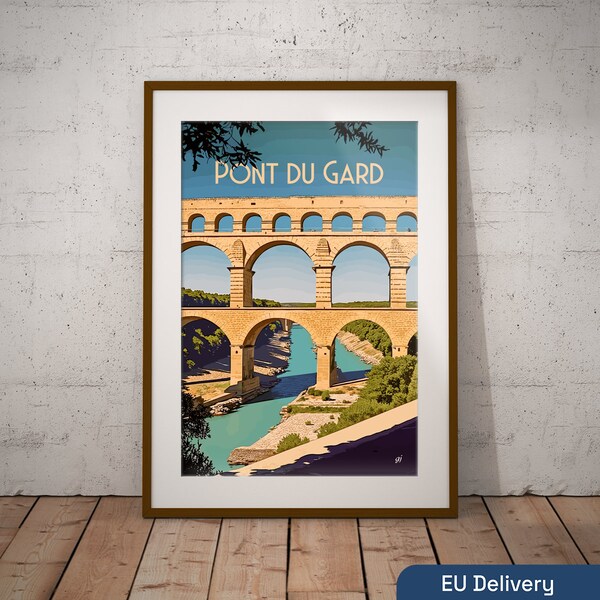 Pont du Gard France Imprimer | Français affiche de voyage historique | Impression d’art de la région Français | France Illustration Imprimer | Art mural de voyage en France