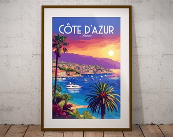 Côte d'Azur France Imprimer | Poster de voyage sur la côte française | Impression d'art de la région française | Impression d'illustrations françaises | Décoration murale voyage en France