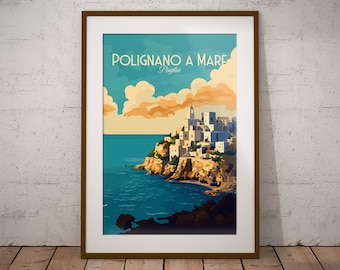 Polignano a Mare Italie Impression | Poster de voyage sur la côte italienne | Impression d'art de village italien | Italie Illustration impression | Décoration murale voyage en Italie