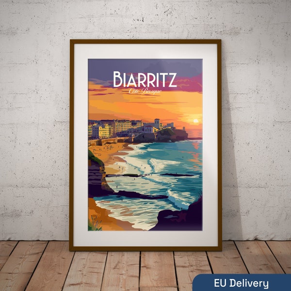 Biarritz France Imprimer | Poster de voyage sur la côte française | Impression d'art de plage française | Impression d'illustrations françaises | Décoration murale voyage en France