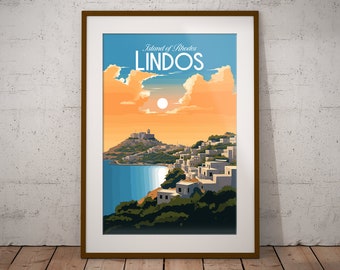 Lindos Greece Print | Greek Village Travel Poster | Greek Island Art Print | Greece Illustration Print | Greece Travel Wall Art