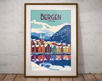 Bergen Norway Print | Norwegian City Travel Poster | Norwegian Landmark Art Print | Norway Illustration Print | Norway Travel Wall Art