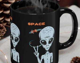 Funny Alien Coffee Mug. Space Creature Mug. Black SciFi Ceramic Cup 11oz,