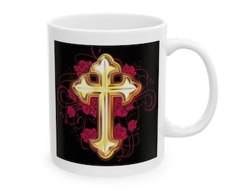CROSSCeramic Mug, Christian Coffee Cup, Faithful Cross Tea Mug, Inspirational Drinkware, Spiritual Quote Cup