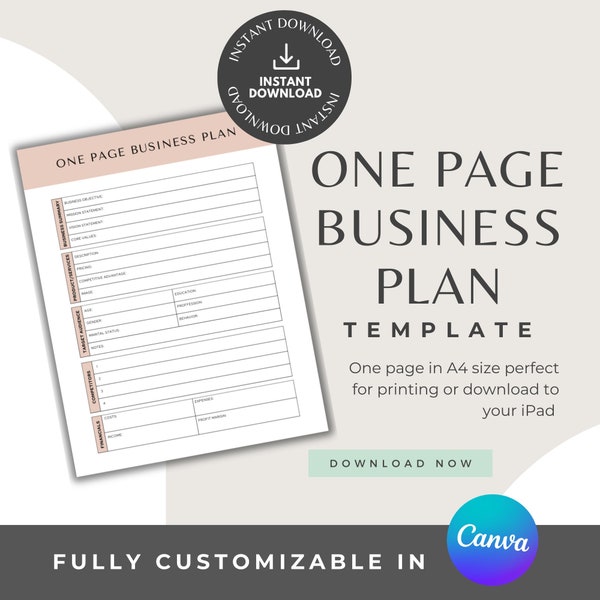 One Page Business Plan | 1-Page Business Plan Canva Template | Simple Business Plan