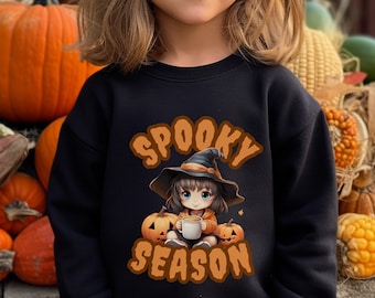 Cute Spooky Season Girl in Pumpkin Patch on Halloween Wearing Wizard Hat Drinking Apple Cider, Sweatshirt, Youth Crewneck Sweatshirt