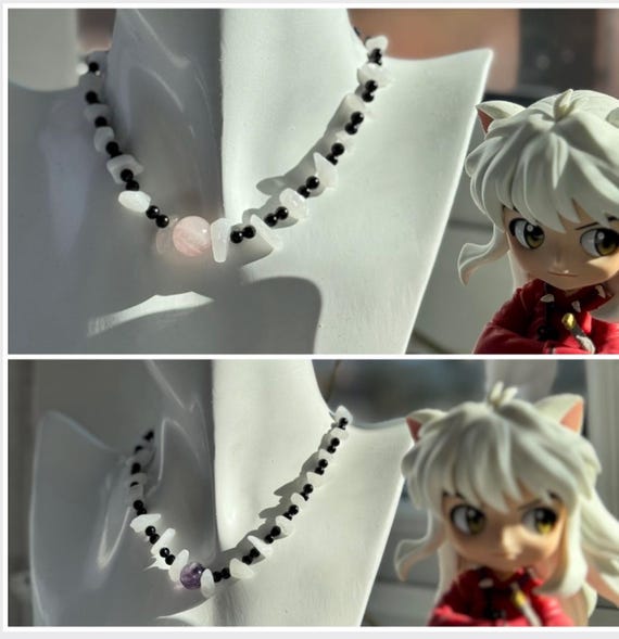 Kotodama and shikon quartz Jewel Necklace: Made with Genuine Pink Rose Quartz or Amethyst, Agate, and Snow Quartz. With free shards