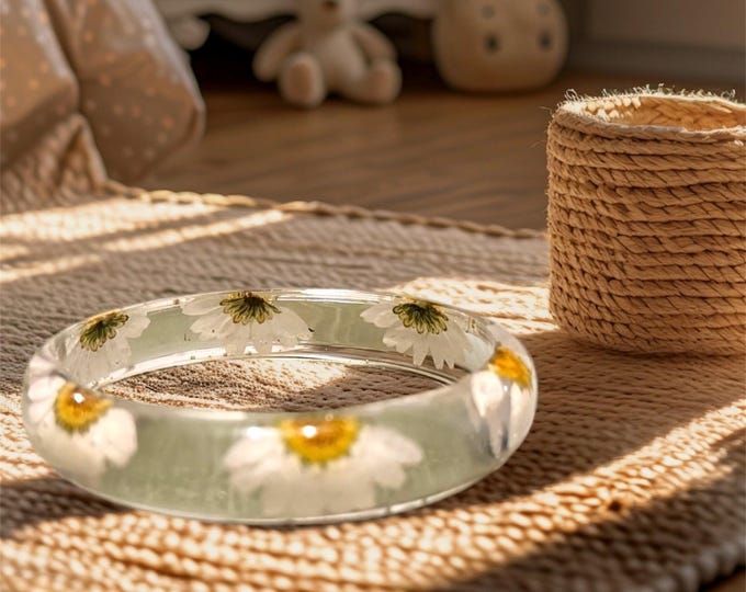 Featured listing image: Real Daisy Resin Bangle – Handmade Waterproof Botanical Jewelry