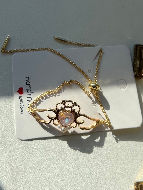 Sakura Serenity: Handcrafted Heart Wings Bracelet | 18ct gold plated | Anime lover gift
