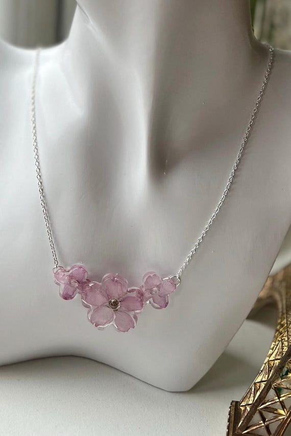 Ghibli Blossom: Real Triple Cherry Blossom pendant Necklace