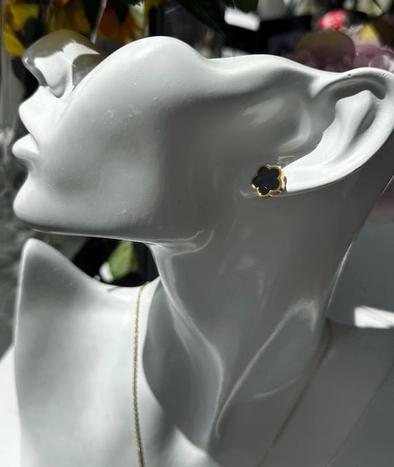 Black Flower Golden Stud Earrings | Waterproof & Hypoallergenic