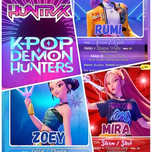 May include: Digital artwork featuring three female characters from "K-Pop Demon Hunters." The characters are Rumi, Zoey, and Mira, each with unique designs and abilities. The artwork has a vibrant, neon color scheme.