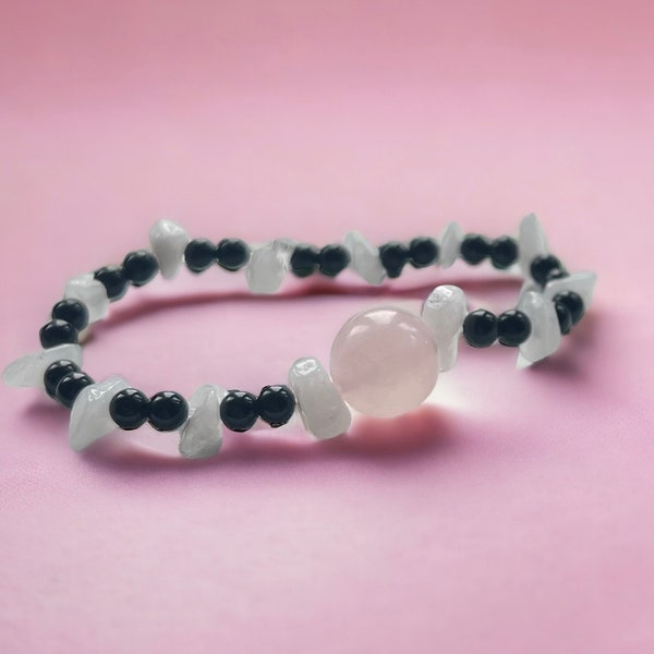 Kotodama and shikon quartz Jewel Bracelet: Made with Genuine Pink Rose Quartz, Agate, and Snow Quartz. With free shards