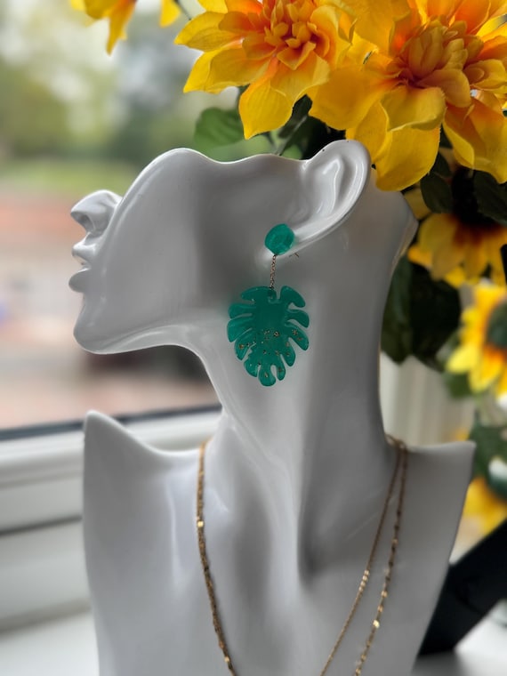 Handmade Green Monstera Leaf Earrings