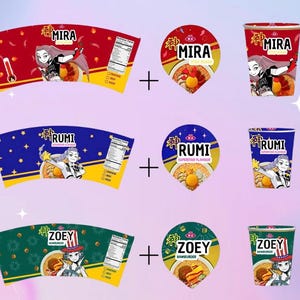 May include: A collection of instant noodle cups and lids. The cups feature colorful designs with illustrations of anime-style characters and the brand names "MIRA", "RUMI", and "ZOEY". The lids also display the brand names.