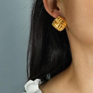 Minimalist Woven Gold Stud Earrings | 18K Gold Finish | Waterproof & Hypoallergenic | Luxury Stainless Steel Jewelry