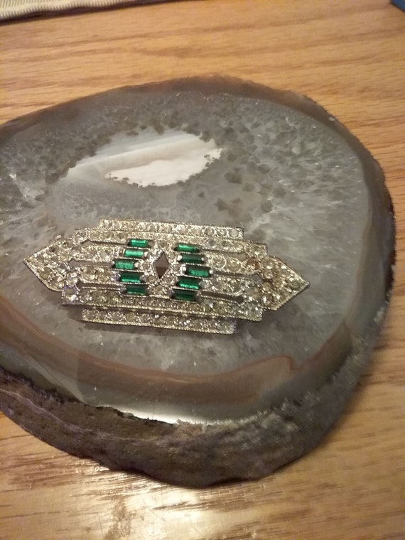 Art Deco rhinestones and green paste brooch pin