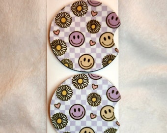Car Coaster | 2 Pack Checkered Smile Daisies Car Coaster | Custom Car Coaster
