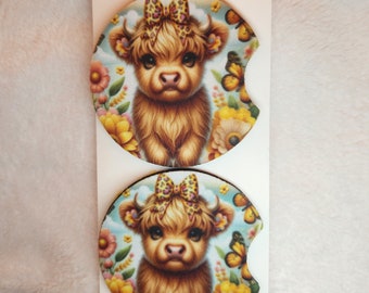 Car Coaster | 2 Pack Highland Cow Sunflower Car Coaster | Custom Car Coaster