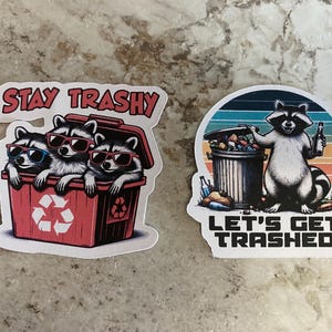 Puede incluir: Dos pegatinas con mapaches. Una muestra tres mapaches en un cubo rojo con el texto "STAY TRASHY". La otra muestra un mapache con un cubo de basura y una cerveza, con el texto "LET'S GET TRASHED".