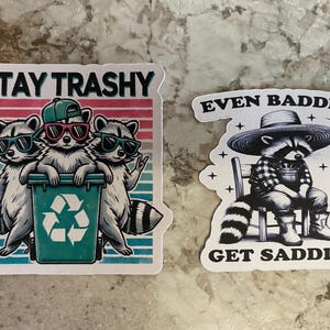Puede incluir: Dos pegatinas con ilustraciones de mapaches. Una muestra tres mapaches con gafas de sol y el texto "STAY TRASHY". La otra representa un mapache con sombrero y peto con el texto "EVEN BADDIES GET SADDIES".