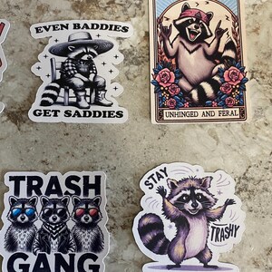 Puede incluir: Una colecci&oacute;n de pegatinas con tem&aacute;tica de mapaches. Una pegatina presenta un mapache con sombrero y botas con el texto "EVEN BADDIES GET SADDIES". Otra muestra una carta del tarot de mapache con el texto "UNHINGED AND FERAL". Una tercera pegatina dice "TRASH GANG", y la &uacute;ltima dice "STAY TRASHY".