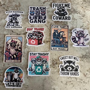 Puede incluir: Una colección de pegatinas con temática de mapaches con varios diseños y texto. Las pegatinas presentan mapaches en diferentes poses, algunos con gafas de sol o sombreros, y frases como "Trash Gang" y "Fight Me Coward."
