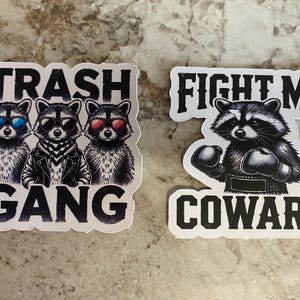 Puede incluir: Dos pegatinas con ilustraciones de mapaches. Una dice "Trash Gang" con tres mapaches con gafas de sol. La otra dice "Fight Me Coward" con un mapache con guantes de boxeo.