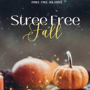 Può includere: Primo piano di due zucche, una arancione e una marrone, con uno sfondo sfocato di foglie autunnali e il testo "Stree Free Fall".