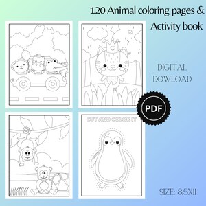 Pagine da colorare con animali e libro di attività - Download digitale - 120 pagine