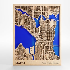 Houten kaart Seattle - aangepast bericht - lasergesneden - inclusief lijst