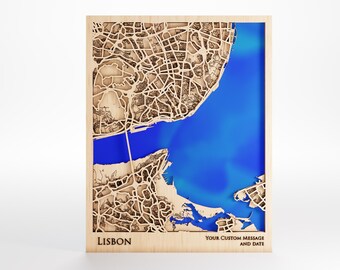 Mappa di Lisbona in legno - Messaggio personalizzato - Taglio laser - Cornice inclusa