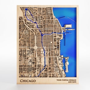 Carte en bois de Chicago - Message personnalisé - Bois de qualité supérieure - Découpée au laser - Cadre inclus