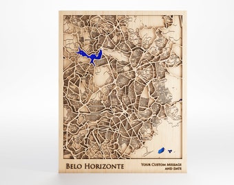 Belo Horizonte Wood Map - Custom Message - Premium Wood - Laser Cut - Includes Frame