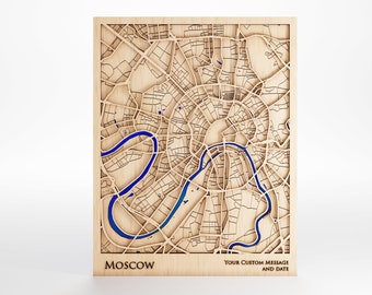Moscow Wood Map - Custom Message - Premium Wood - Laser Cut - Includes Frame