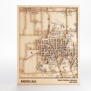 Mexicali Wood Map - Custom Message - Laser Cut - Includes Frame