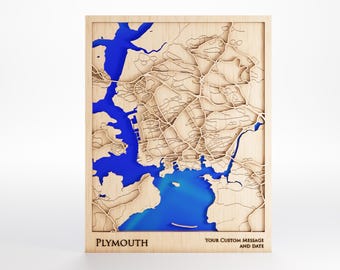 Plymouth Wood Map - Custom Message - Premium Wood - Laser Cut - Includes Frame