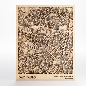 Kaart hout van Sao Paulo - aangepast bericht - premium hout - lasergesneden - inclusief lijst