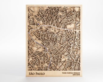 Sao Paulo Wood Map - Custom Message - Premium Wood - Laser Cut - Includes Frame