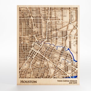 Houston Texas Wood Map - Custom Message - Premium Wood - Laser Cut - Includes Frame