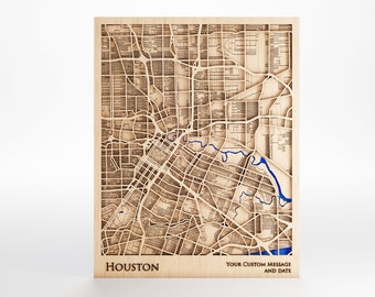 Houston Texas Wood Map - Custom Message - Premium Wood - Laser Cut - Includes Frame