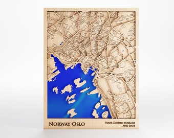 Norway Oslo Wood Map - Custom Message - Premium Wood - Laser Cut - Includes Frame