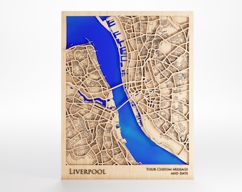 Mappa di Liverpool Wood - Messaggio personalizzato - Taglio laser - Cornice inclusa